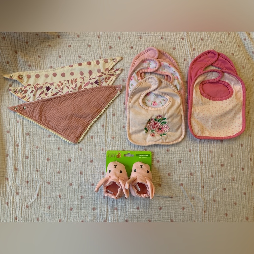 Bib Lot 8 NEW Little Me and Ava & Olivia baby girl bibs + 
Easter bunny booties!